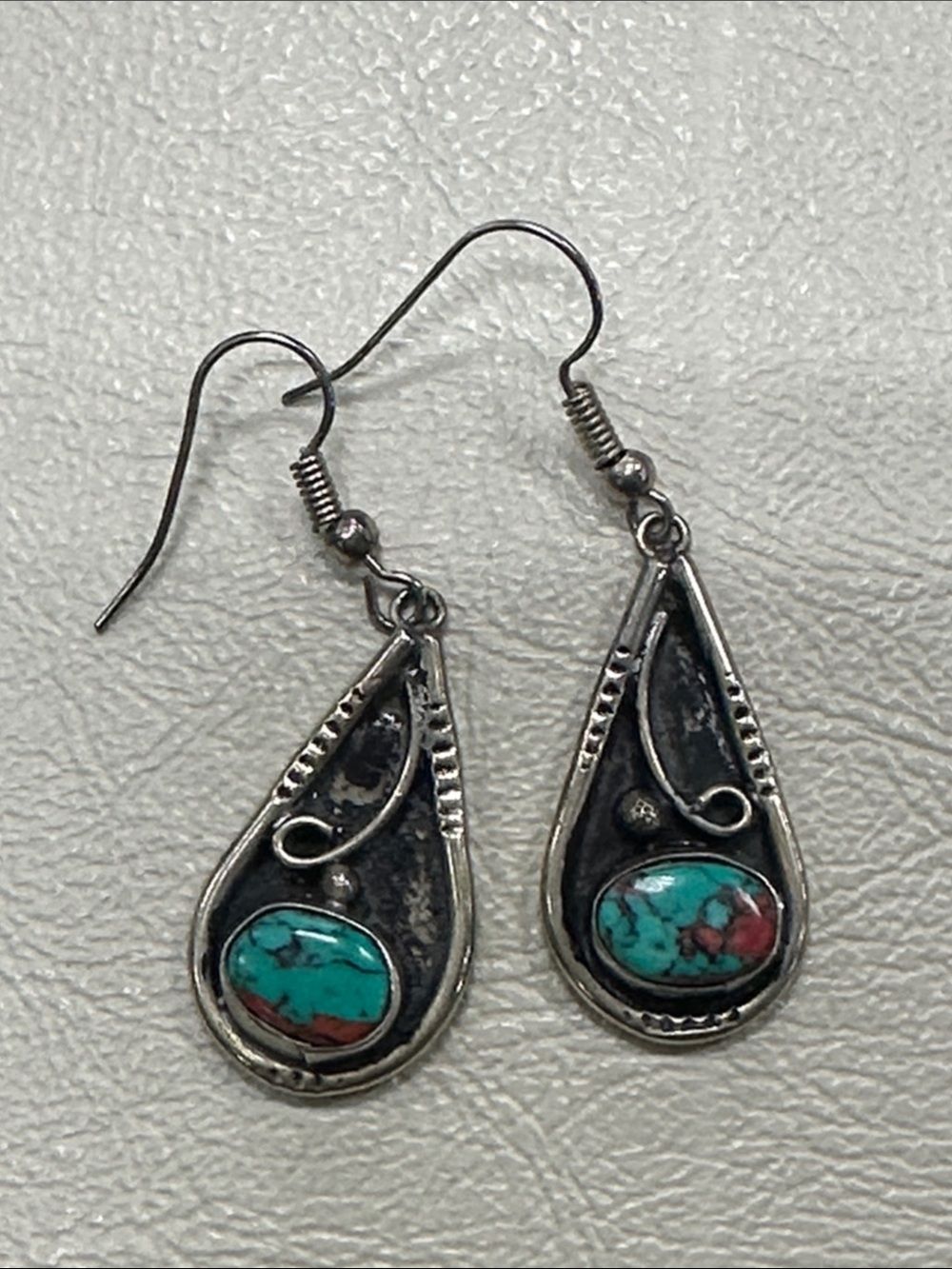 Vintage Sterling Teardrop 1.5” Earrings with Turquoise Accent - Women Jewelry